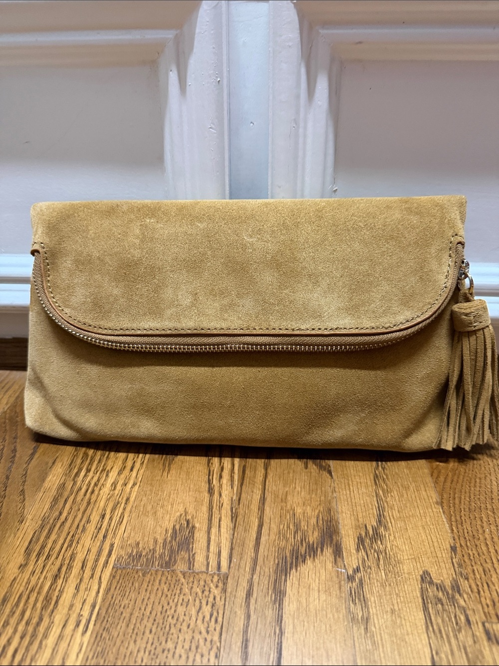 Barney New York hazel colored suede fold over clutch